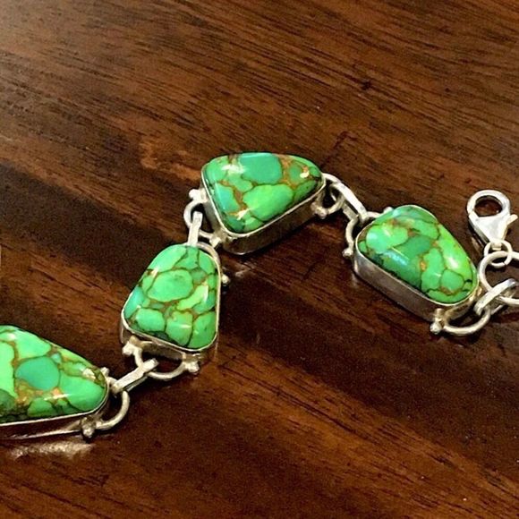 Mohave Lime Green Copper Infused Turquoise and Sterling Silver 925 Bracelet - Picture 5 of 16